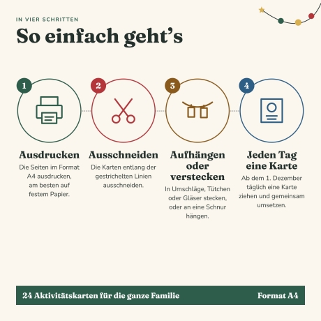 Adventskalender zum Ausdrucken, 24 Aktivitätskarten für Familien