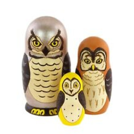 3-er Matroschka Tiere Eulen, 10,5 cm, Holz, neu