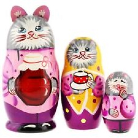 3-er Matroschka Kater mit Glas ,11 cm, Holz, neu