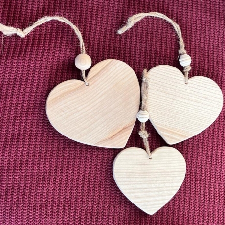 Holzherzen 3-er SET mit Juteschnur und Holzkugel – natürlich