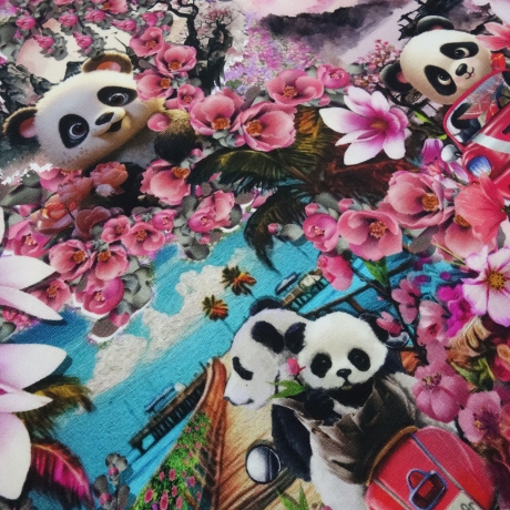 Stoff Baumwolle Jersey Panda Bär Blumen Auto pink rosa rot bunt