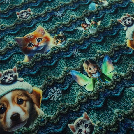 Stoff Baumwolle French Terry Hunde Katzen Feen grün blau braun