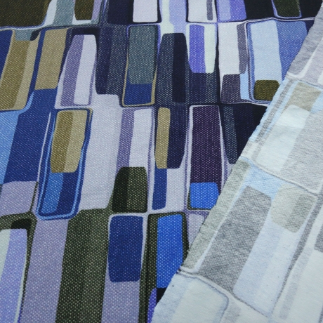 Stoff Baumwoll Jersey grafisch geometrisch jeansblau flieder lila