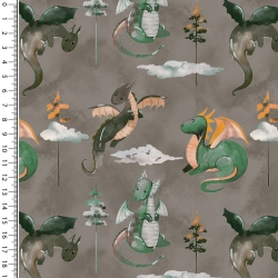 Stoff Baumwolle Jersey Drachen Design grau braun grün orange bunt