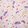 Stoff Baumwolle Jersey Einhörner Regenbogen Blüten zart rosa bunt