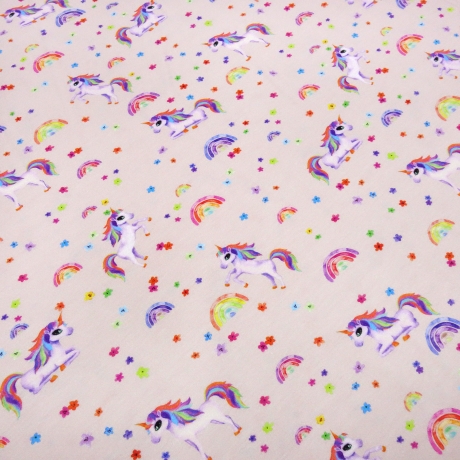 Stoff Baumwolle Jersey Einhörner Regenbogen Blüten zart rosa bunt