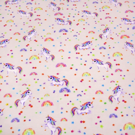 Stoff Baumwolle Jersey Einhörner Regenbogen Blüten zart rosa bunt