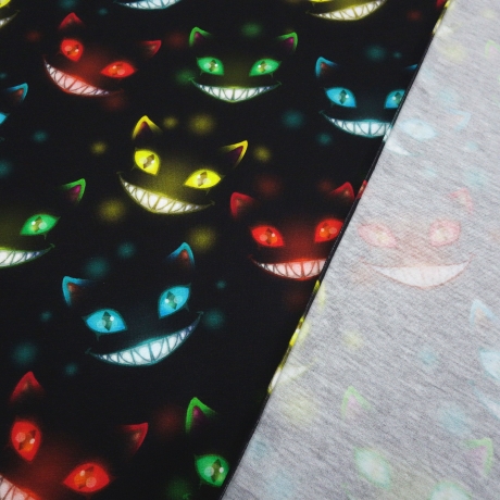 Stoff Baumwolle Jersey Ghost Cats Grinsekataze schwarz rot bunt