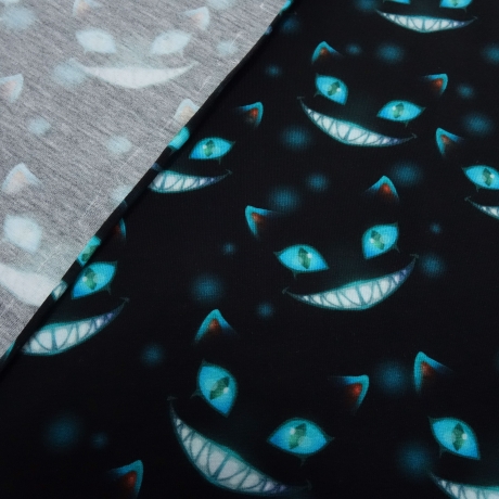 Stoff Baumwolle Jersey Ghost Cats Grinsekataze schwarz türkis