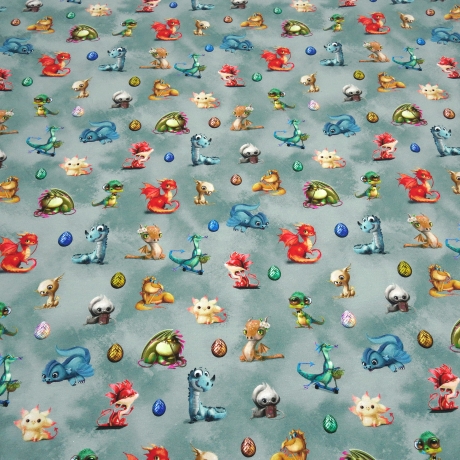 Stoff Baumwolle Jersey Cute Dragons Drachen grau-grün grün bunt