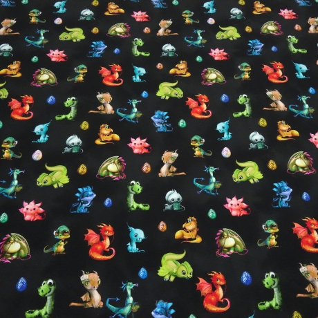 Stoff Baumwolle Jersey Cute Dragons Drachen schwarz grün rot bunt