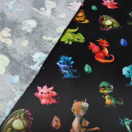 Stoff Baumwolle Jersey Cute Dragons Drachen schwarz grün rot bunt