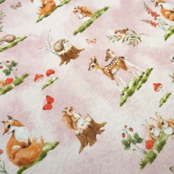 Stoff Alpenfleece Waldtiere Rehe Füchse Pilze Hasen rosa bunt