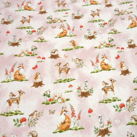 Stoff Alpenfleece Waldtiere Rehe Füchse Pilze Hasen rosa bunt