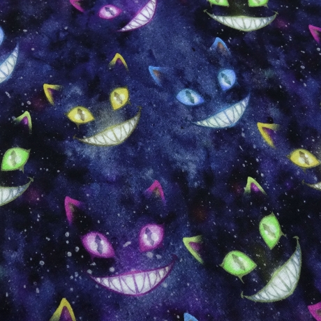 Stoff Alpenfleece Ghost Cats Grinsekatze blau lila bunt 