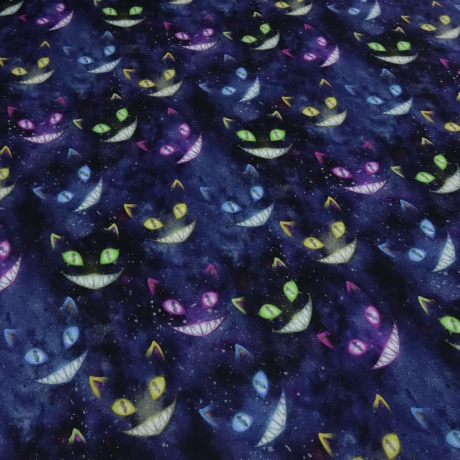 Stoff Alpenfleece Ghost Cats Grinsekatze blau lila bunt 