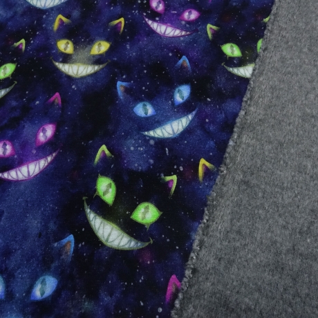 Stoff Alpenfleece Ghost Cats Grinsekatze blau lila bunt 
