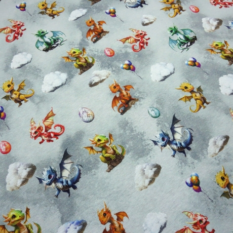 Stoff Sweatshirtstoff Alpenfleece Cute Dragons Drachen grau bunt