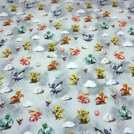 Stoff Sweatshirtstoff Alpenfleece Cute Dragons Drachen grau bunt