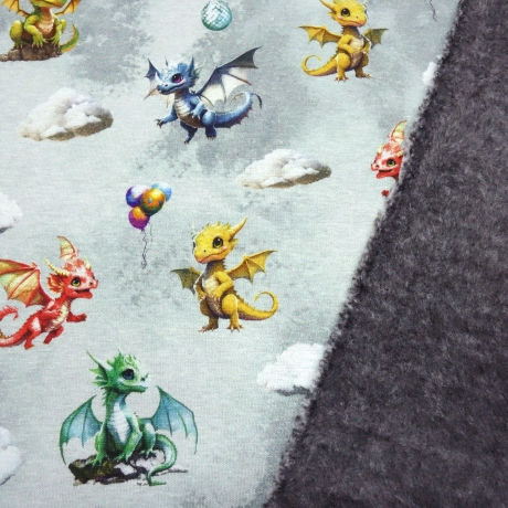 Stoff Sweatshirtstoff Alpenfleece Cute Dragons Drachen grau bunt