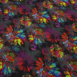 Stoff Alpenfleece Blumen Blüten grau schwarz multicolor bunt 