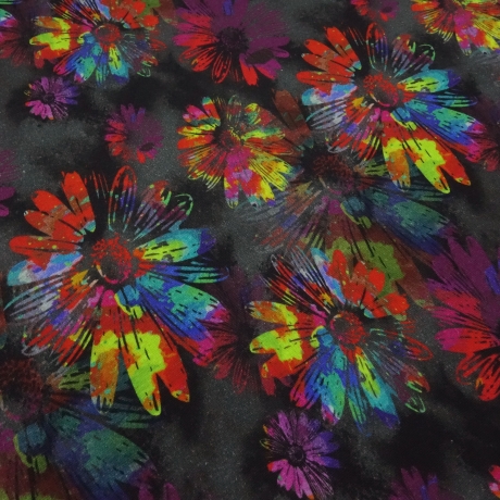 Stoff Alpenfleece Blumen Blüten grau schwarz multicolor bunt 