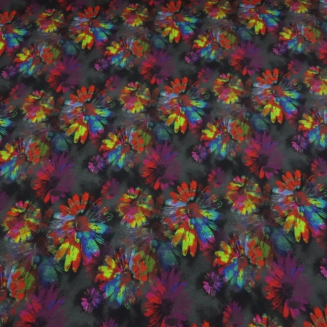 Stoff Alpenfleece Blumen Blüten grau schwarz multicolor bunt 