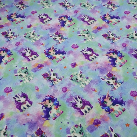 Stoff Sweatshirtstoff Alpenfleece Batik Einhorn minz lila grün