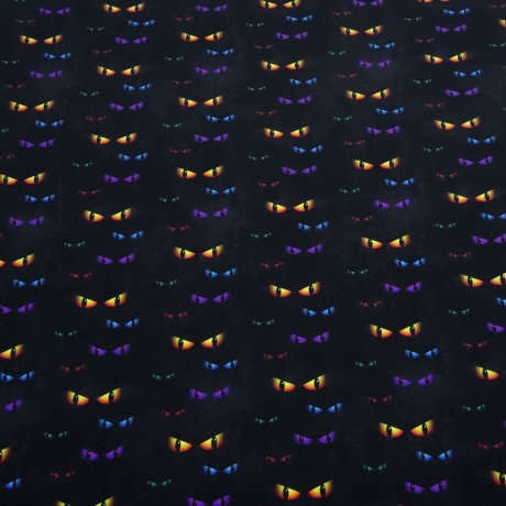 Stoff Baumwolle Jersey Cat Eyes Katzenaugen schwarz orange bunt