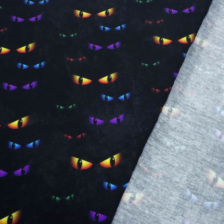 Stoff Baumwolle Jersey Cat Eyes Katzenaugen schwarz orange bunt