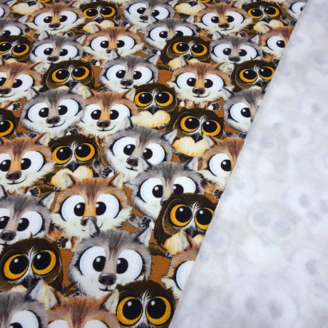 Stoff Baumwolle Sweatshirtstoff Eule Füchse Waldtiere braun grau