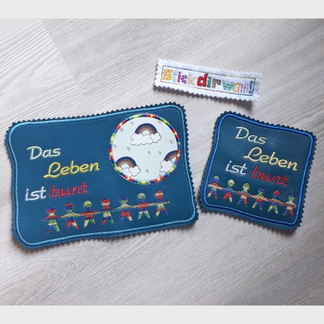 2x Stickdatei ITH Buntes Leben Mugrug Untersetzer