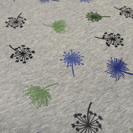 Stoff Alpenfleece Pusteblumen grau melange grün blau schwarz