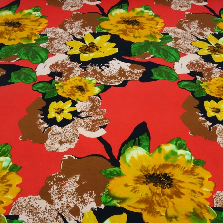 Stoff Viskose Jersey Blumen rot braun gelb grün schwarz altrosa