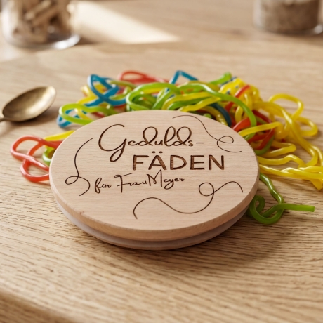 Geduldsfäden - Glas mit Deckel aus Buchenholz personalisierbar