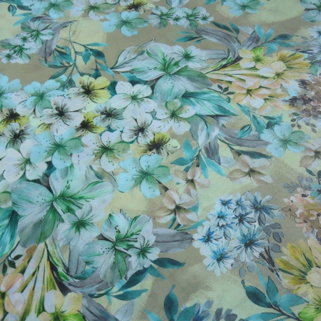 Stoff Viskose Blusenstoff Blumen Blüten mint grün beige gelb