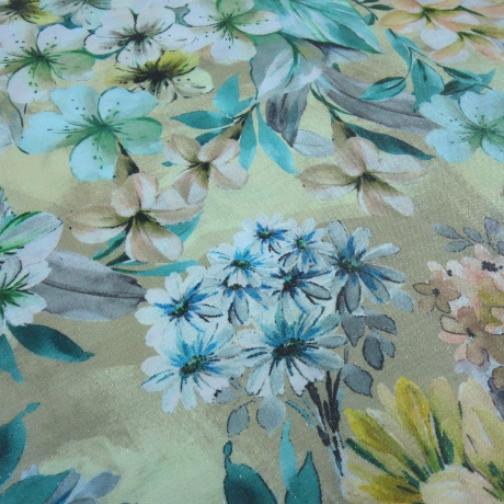Stoff Viskose Blusenstoff Blumen Blüten mint grün beige gelb