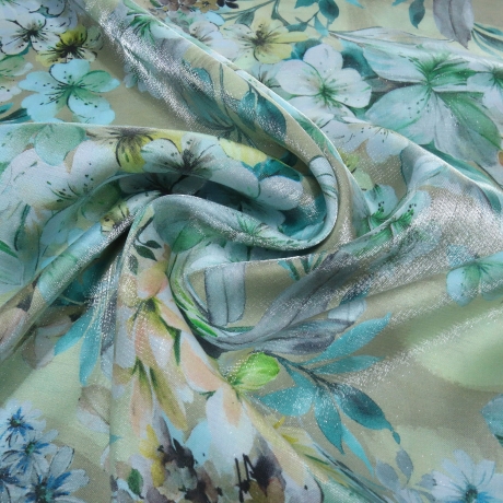 Stoff Viskose Blusenstoff Blumen Blüten mint grün beige gelb