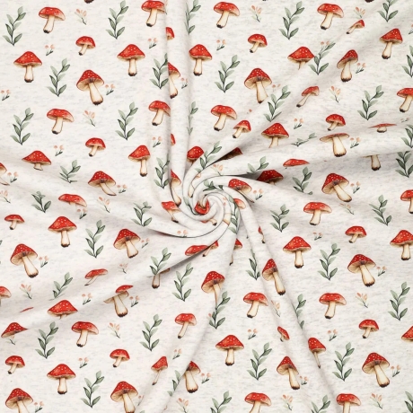 Stoff Sweatshirtstoff Alpenfleece Pilze wollweiß rot grün