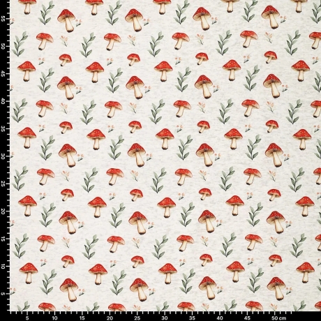 Stoff Sweatshirtstoff Alpenfleece Pilze wollweiß rot grün