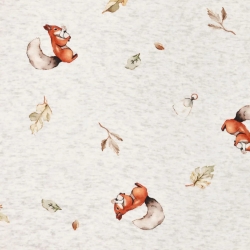 Stoff Sweatshirtstoff Alpenfleece Eichhörnchen Blätter wollweiß