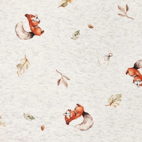 Stoff Sweatshirtstoff Alpenfleece Eichhörnchen Blätter wollweiß