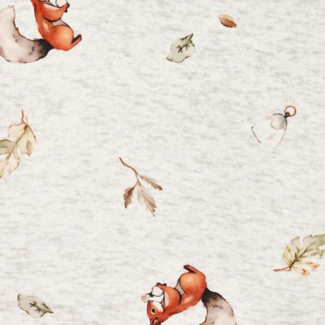Stoff Sweatshirtstoff Alpenfleece Eichhörnchen Blätter wollweiß