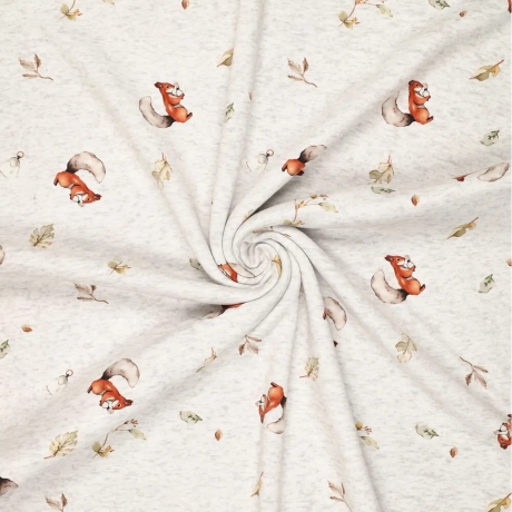 Stoff Sweatshirtstoff Alpenfleece Eichhörnchen Blätter wollweiß