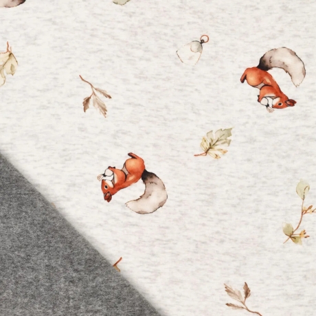Stoff Sweatshirtstoff Alpenfleece Eichhörnchen Blätter wollweiß