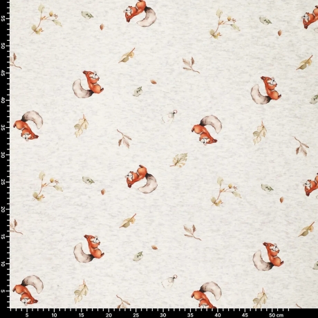 Stoff Sweatshirtstoff Alpenfleece Eichhörnchen Blätter wollweiß