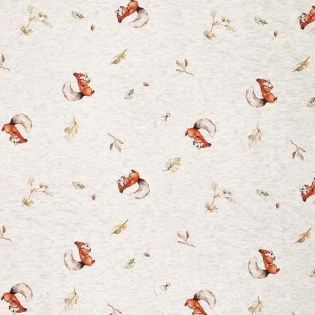 Stoff Sweatshirtstoff Alpenfleece Eichhörnchen Blätter wollweiß