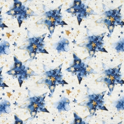 Stoff Sweatshirtstoff Alpenfleece Batik Sterne ecrú blau goldgelb