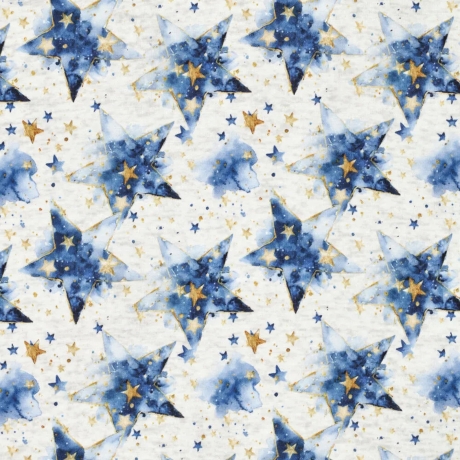 Stoff Sweatshirtstoff Alpenfleece Batik Sterne ecrú blau goldgelb