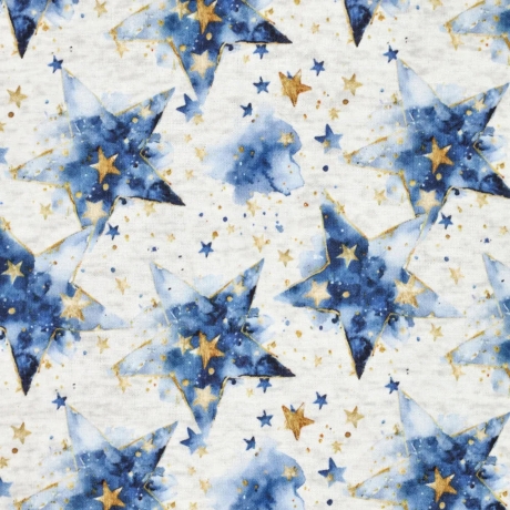 Stoff Sweatshirtstoff Alpenfleece Batik Sterne ecrú blau goldgelb